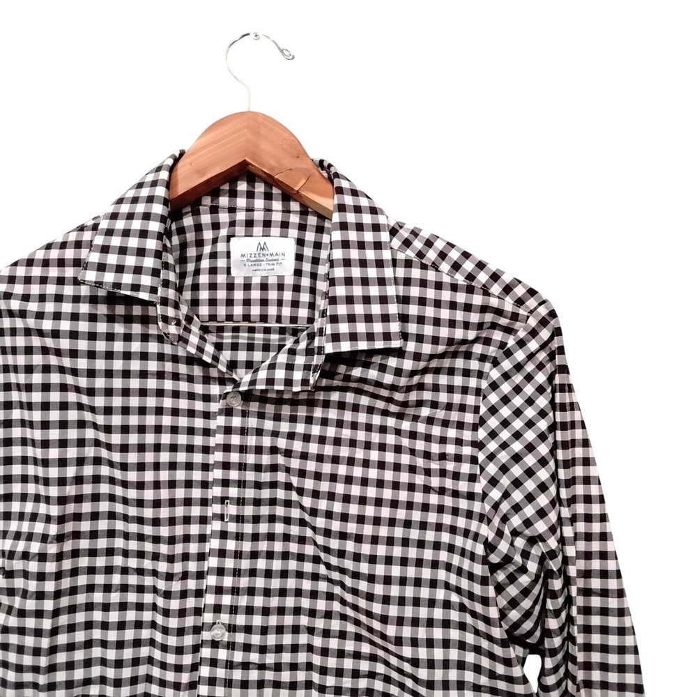 Mizzen+Main Mens XL Trim Fit Gingham Performance Dress Shirt Black White Check